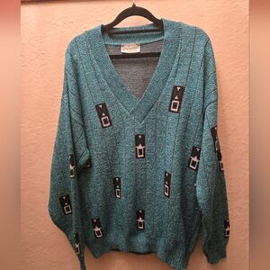 Vintage Guy Laurent Como Teal Graphic Wool-Blend V-Neck Sweater